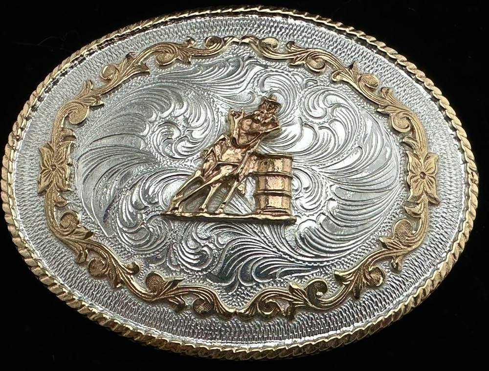 Western Belt Buckle, Crumrine Classic, Silver, Gold Rope Edge, Barrel Racer