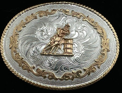 Western Belt Buckle, Crumrine Classic, Silver, Gold Rope Edge, Barrel Racer