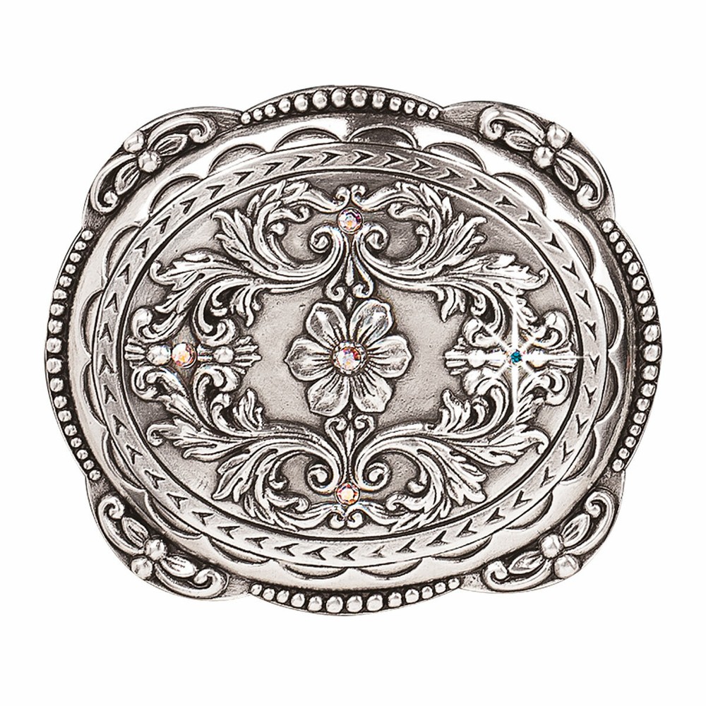 Nocona Silver Tone Oval Floral Design with Rhinestones Buckle 37538