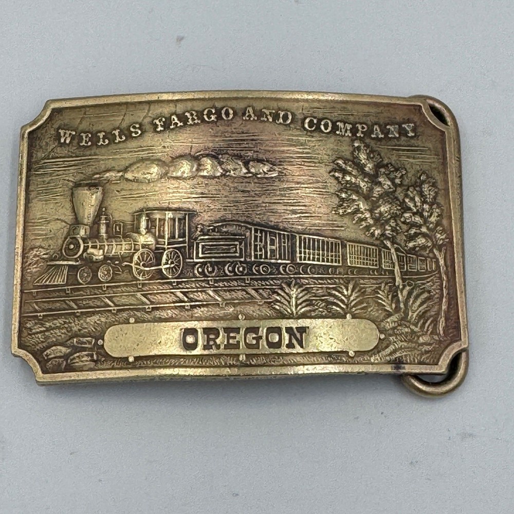 Vintage Wells Fargo and Company Oregon Steam Locomotive Train Belt Buckle Brass