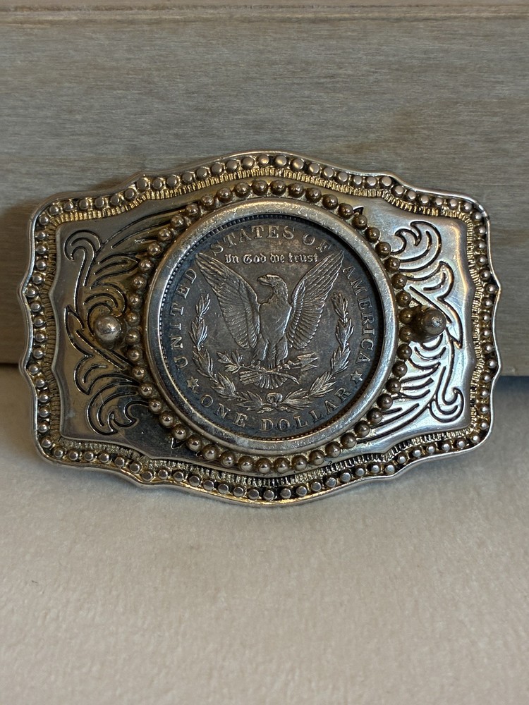 Genuine 1921 Morgan Silver Dollar Western Silver & Gold Tone Belt Buckle USA