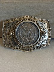 Genuine 1921 Morgan Silver Dollar Western Silver & Gold Tone Belt Buckle USA