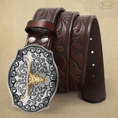 JASGOOD Men&rsquo;s Western Leather Belt, Cowboy Fit Waist Size 34 »-38 », Coffee