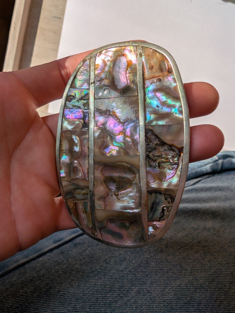 Alpaca Silver Abalone Large Belt Buckle Unisex Mexico Size 3.5&Prime; Iridescent A1