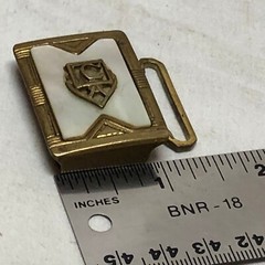 Vintage Belt Buckle Shell Inlaid Brass Ornate Design Marked Gloray Newport