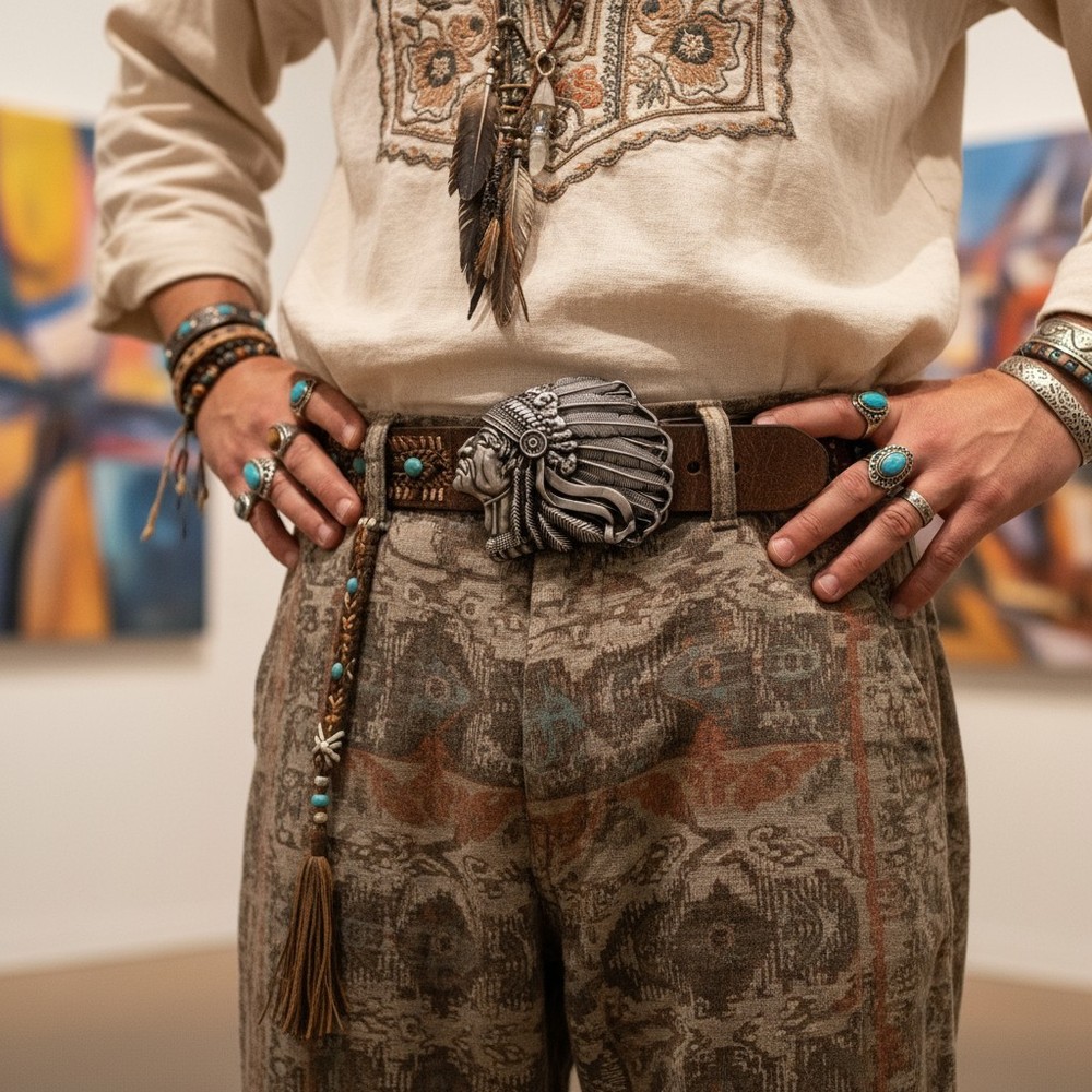 Men Dark Silver Metal Buckle Native American Indian Face Western Fashion Biker