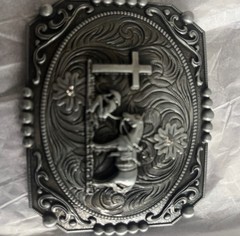 Western Floral Belt Buckle Praying Cowboy Kneeling at Cross Antique Silver Tone