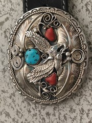 Allen Chee Eagle Sterling Silver Buckle Leather Belt Turquoise 38&Prime; Navajo Dine