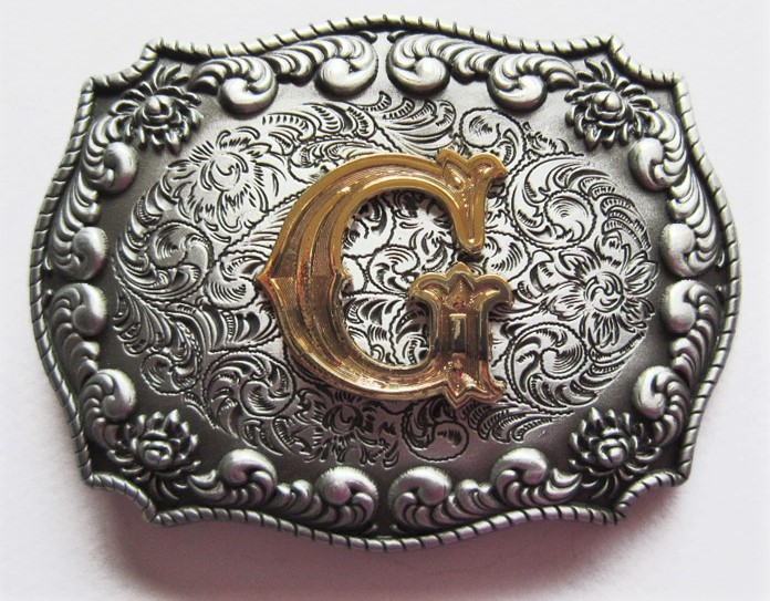 3-D INITIAL LETTER  » G  » RODEO COWBOY SILVER GOLD WESTERN BELT BUCKLE