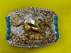 Running Galloping Mustang Stallion Horse W/ Faux Turquoise Stones Belt Buckle