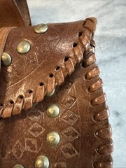 Vintage Boho Festival Leather Belt Bag Pouch Studs Hand Tooled 5.5”W X 4.5”H