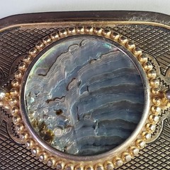 Western Gold Tone Belt Buckle Round Abalone Shell Look Metal Cabochon Insert