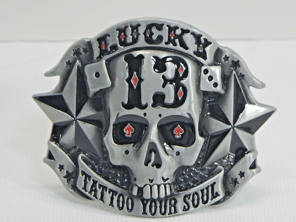 Lucky 13 Reproduction Skeleton Skull Head Stars Belt Buckle « Tattoo Your Soul »
