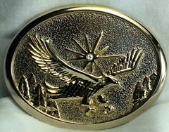 Two Belt Buckles Lrg Silvertone w/Jasper Cabochon – Goldtone Flying Eagle & Sun