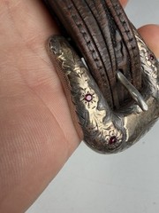 Vintage Handmade .925 Sterling Silver 10k Gold Ruby Set Belt Buckle Set 1940s