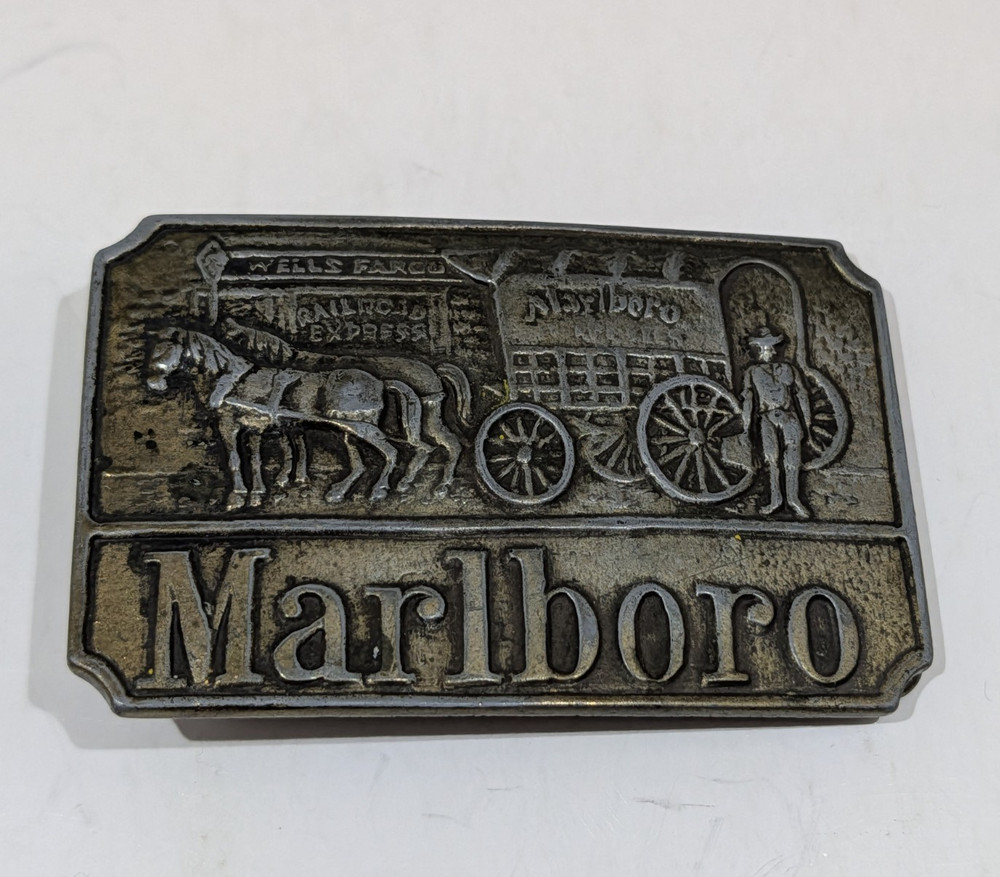 Vtg Marlboro Western Wells Fargo Stagecoach Silver Metal Belt Buckle