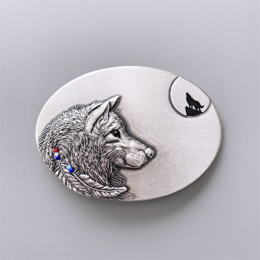 Vintage Silver Plated Wolf Oval Belt Buckle Boucle de Ceinture