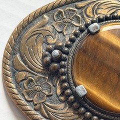 Vtg Western Belt Buckle Gold Tone Brown Stone Brass Made In USA Unbranded