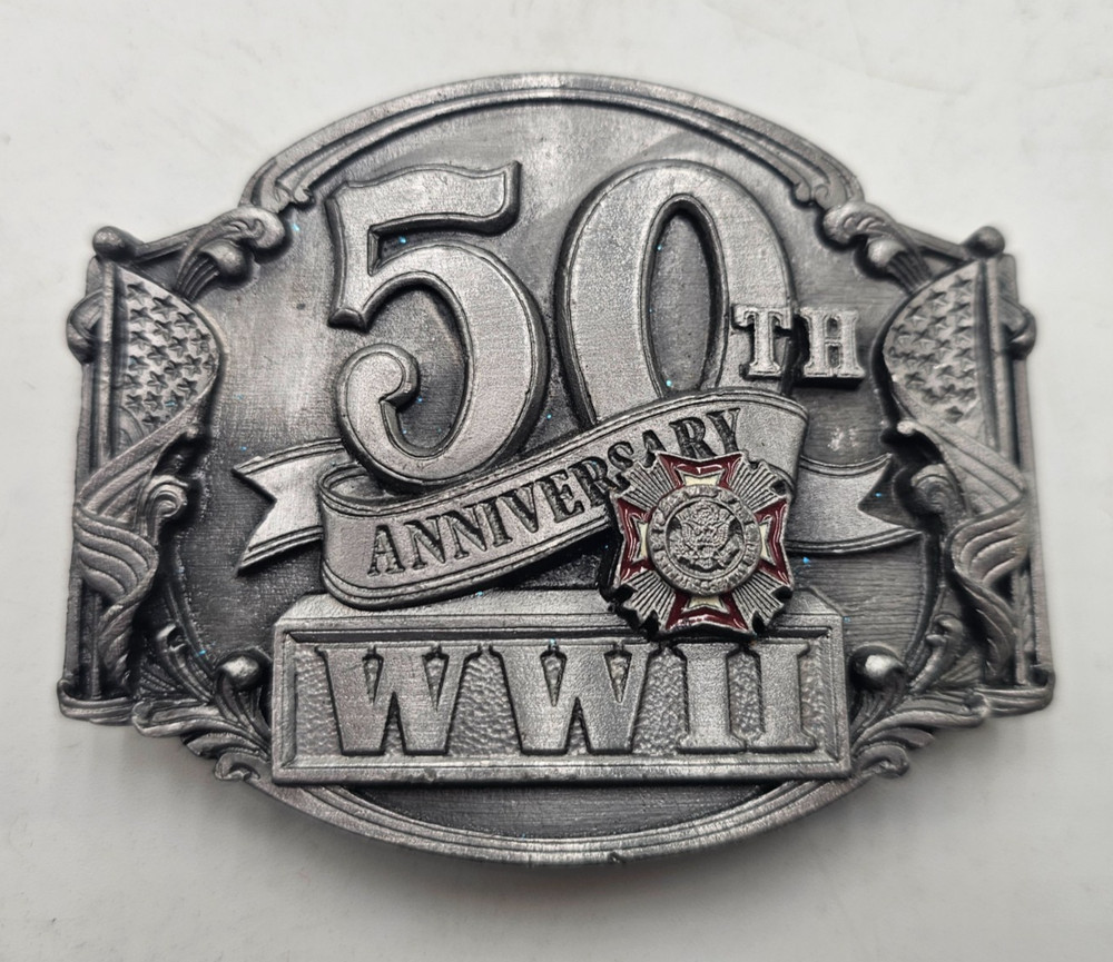 WWII 50th Anniversary Belt Buckle Siskiyou Enamel Pewter #910882 Military 1991