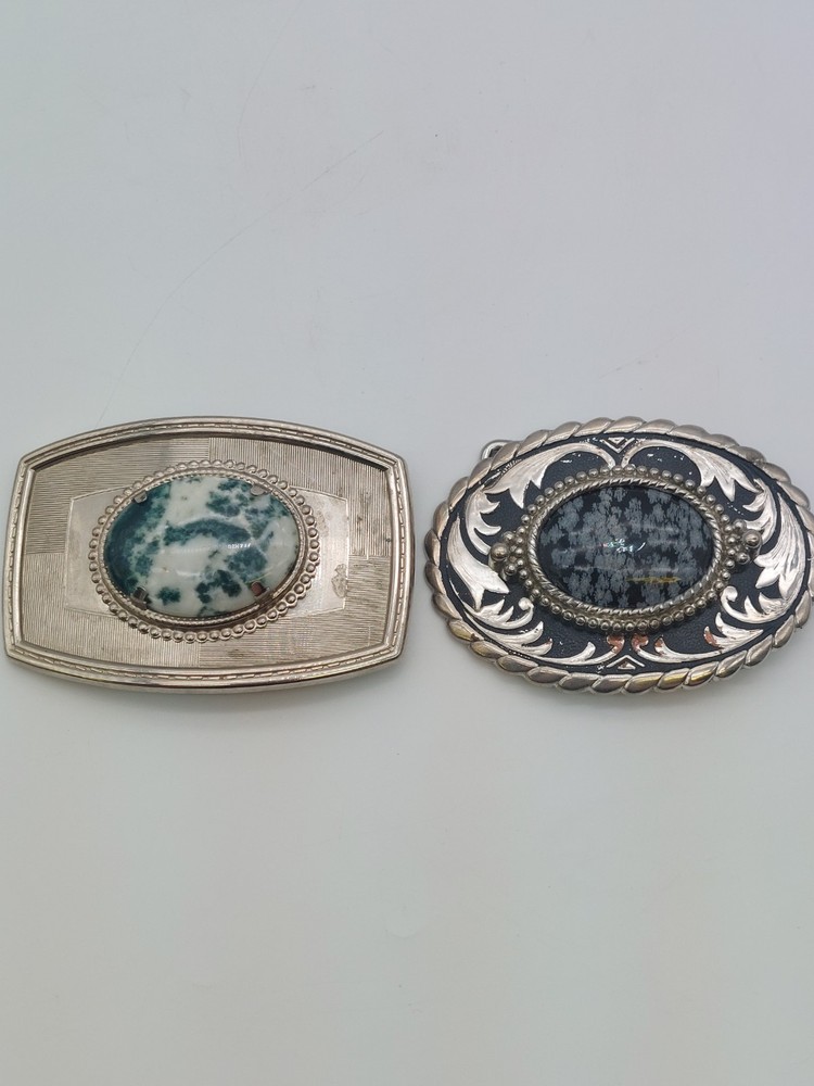 Lot of 2 VTG Belt Buckles Stone Inlay Oval Agate Gemstone Western Cowboy Incolay