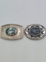 Lot of 2 VTG Belt Buckles Stone Inlay Oval Agate Gemstone Western Cowboy Incolay