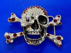 Pirate Skull Head Crossbones Red Clear Rhinestone Covered Costplay Belt Buckle