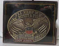 CODY JAMES MEN&rsquo;S Guns Money Freedom You Keep the Change Belt Buckle New Boxed 4&Prime;