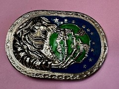 Skull Face Holding The Earth Grim Reaper Silver Green Gothic Biker Belt Buckle