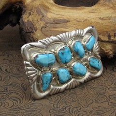 Zuni Sterling Silver 8 Turquoise Stone Belt Buckle By George & Lupeta Leekity
