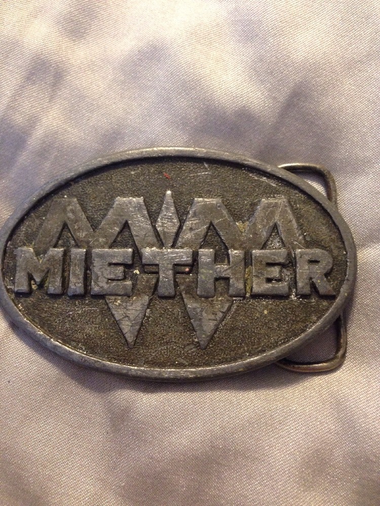 Vintage Pewter color Belt Buckle MIETHER by Bergamot Brass Works 1978