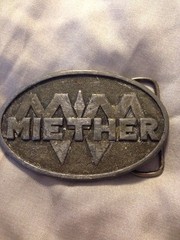 Vintage Pewter color Belt Buckle MIETHER by Bergamot Brass Works 1978