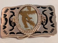 Western Style Belt Buckle Silver Tone Gold Tone Trim Polished Agate Oval Center