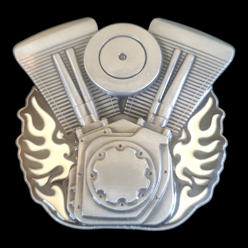 V-Twin Motorcycle Engine Biker Metal Belt Buckle With White Enamel Flames New