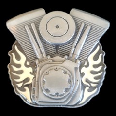V-Twin Motorcycle Engine Biker Metal Belt Buckle With White Enamel Flames New