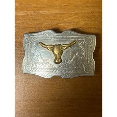 Vintage Nickel Silver Longhorn Bull Western Belt Buckle Engraved Floral Scroll