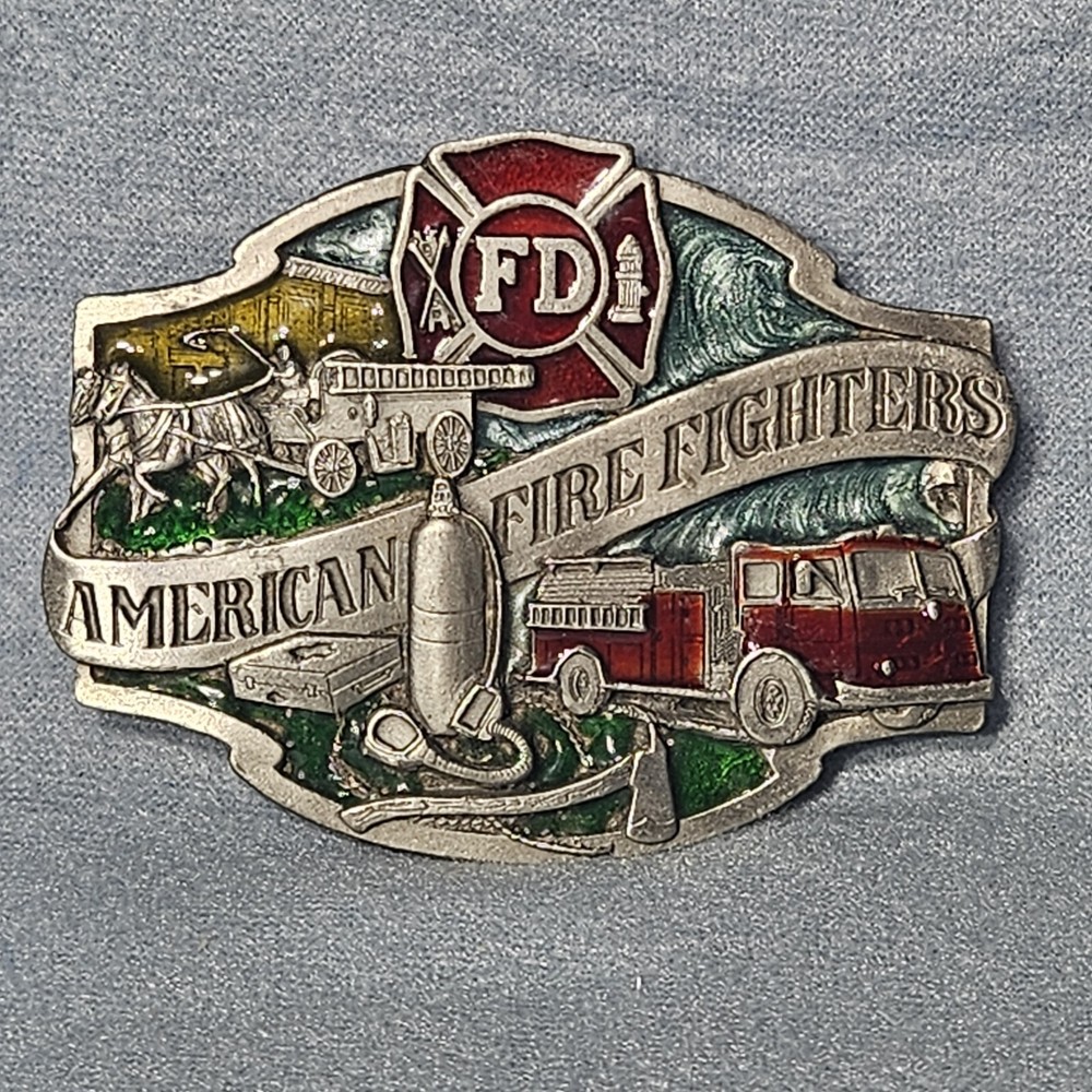 American Firefighters Belt Buckle Firetruck Horse Enameled Siskiyou 1988 Pewter