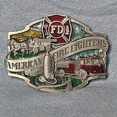 American Firefighters Belt Buckle Firetruck Horse Enameled Siskiyou 1988 Pewter