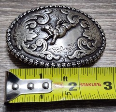 Vintage Nocona Western Belt Buckle Bull Rider Rodeo Silver Tone Floral Engraved