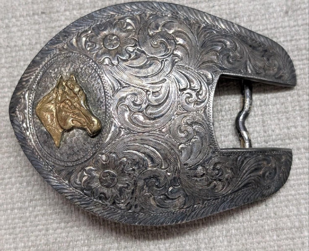 vintage MONTANA SILVERSMITHS belt buckle SILVER PLATE western HORSE engraved
