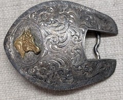 vintage MONTANA SILVERSMITHS belt buckle SILVER PLATE western HORSE engraved