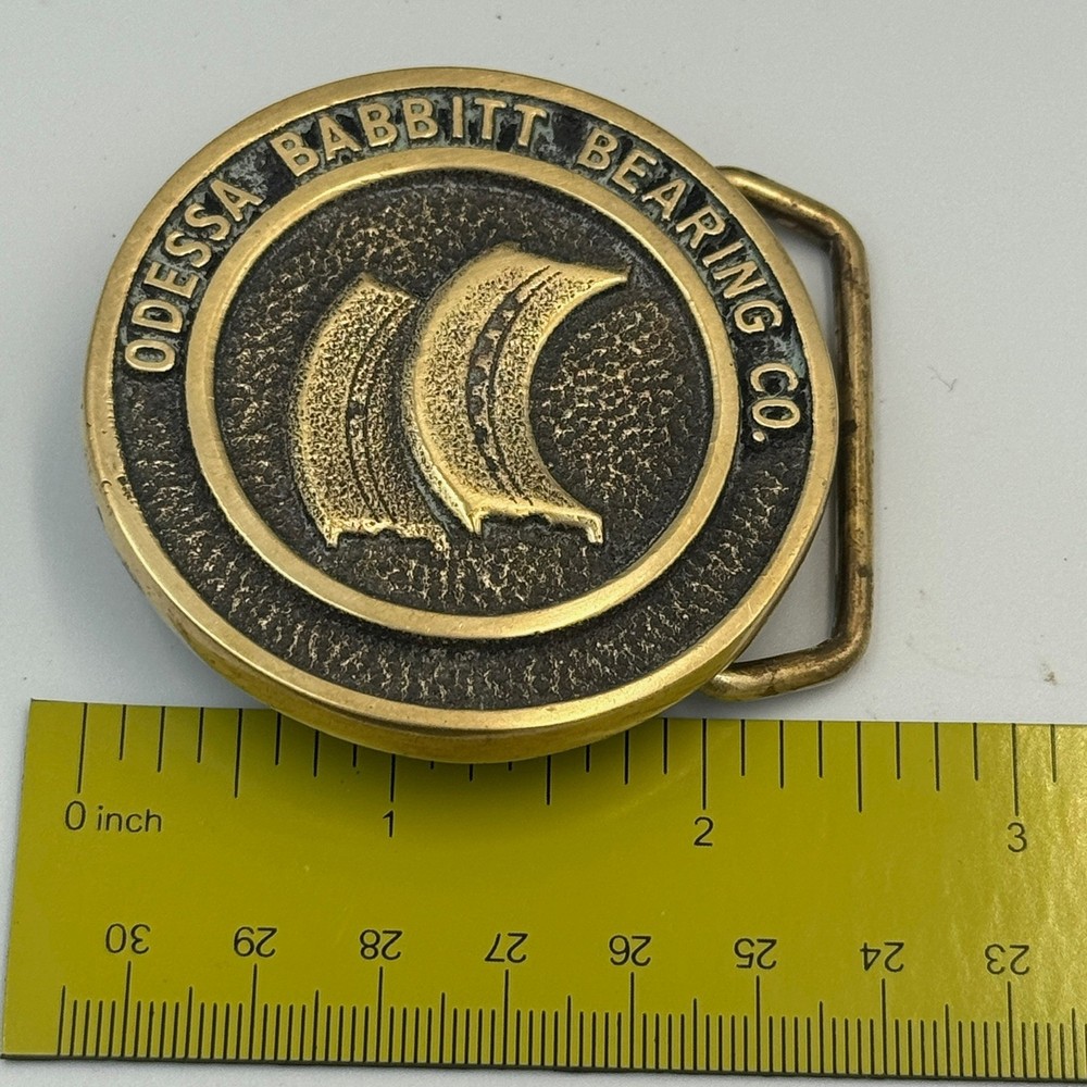 Vintage Odessa Babbitt Bearing Co Solid Brass Belt Buckle Industrial Texas Oil