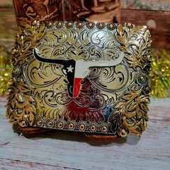 Longhorn belt buckle Western Rodeo Silver & Rose Texas-style