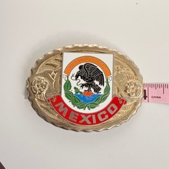 Vintage Mexico Coat of Arms Belt Buckle Gold Tone Enamel Western Made in USA
