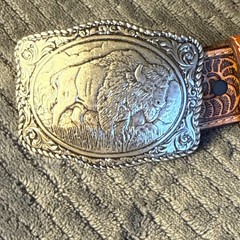 Crumrine Buffalo Belt & Buckle Western Silver Tone 38058 Cowboy LEATHER Belt 42