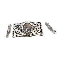 Western Belt Buckle Dendritic Agate Cabochon Silver Engraved Accents Side Pieces