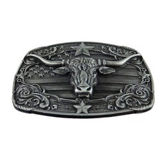 American Flag Longhorn Steer Star Belt Buckle Antique Silver Fits 1.5 inch Belts