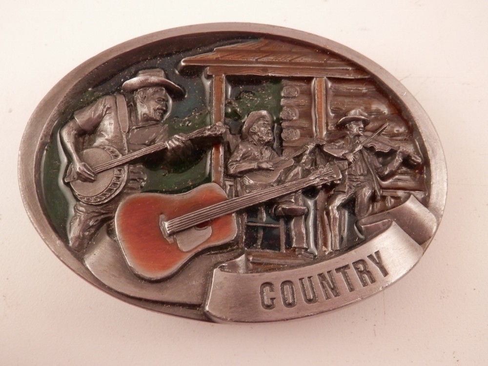 Vintage Country Pickers 1986 C & J inc Belt Buckle Enamel Guitar Players #1446