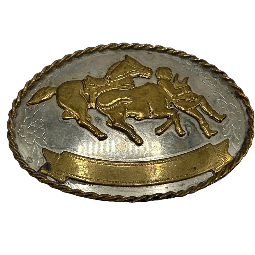 Vtg Western Cowboy Roping Bull Rider Rodeo German Silver Belt Buckle Two Tone