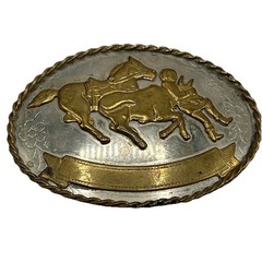 Vtg Western Cowboy Roping Bull Rider Rodeo German Silver Belt Buckle Two Tone