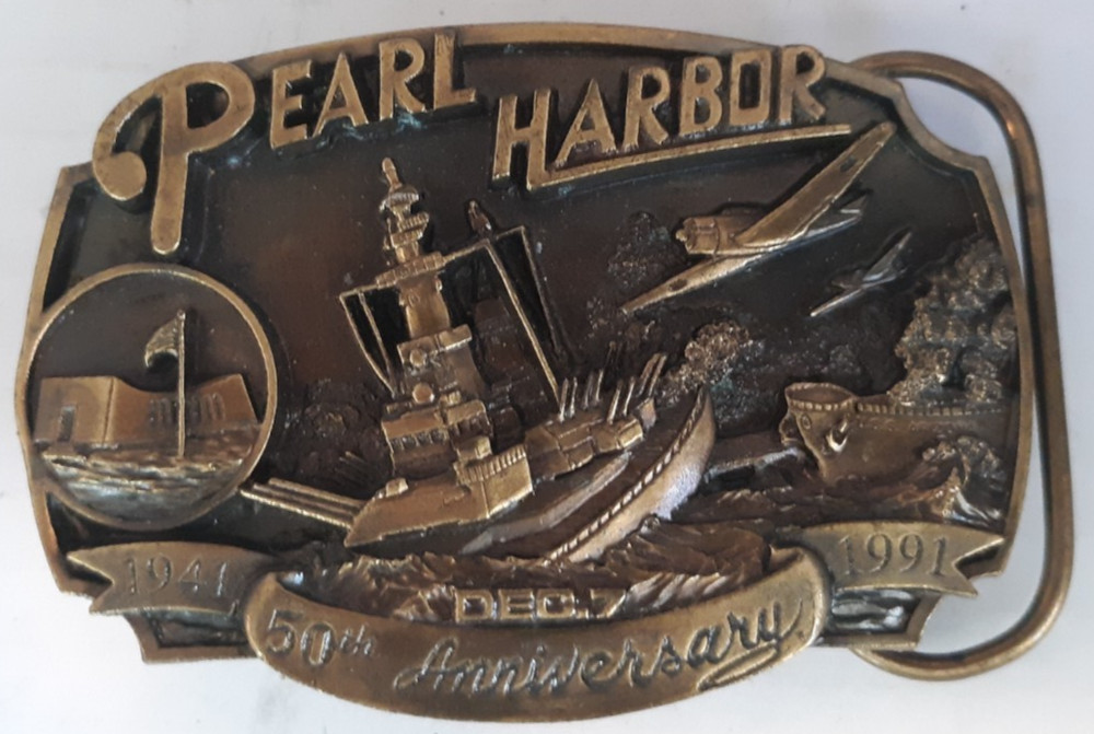 belt buckle 50th anniversary Pearl Harbor 1991 Arroyo Grande 3&Prime; long